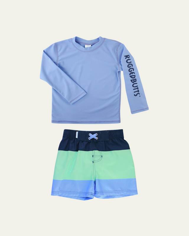 Boy's Rash Guard w/ Colorblock Swim Trunks, Size 3M-5